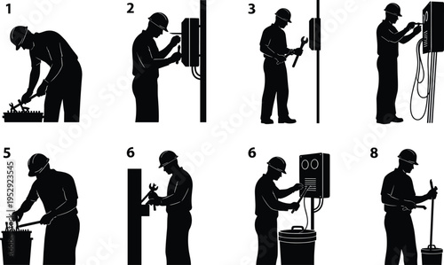 Electrician workflow sequence, electrical maintenance process, technician repairing control panel, wiring installation steps, industrial service routine, safety 