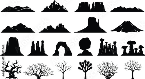 Mountain, rock and tree silhouette collection isolated on white background, desert landscape set, natural elements bundle, outdoor scenery shapes, vector illustration design pack