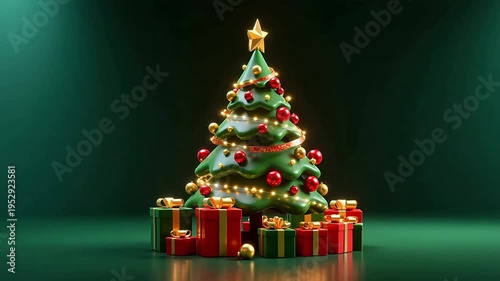 Festive green christmas tree with red ornaments and gold lights