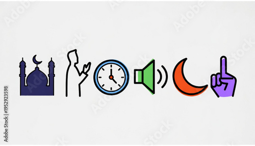 A set of Islamic worship themed icon illustrations with a plain background. 