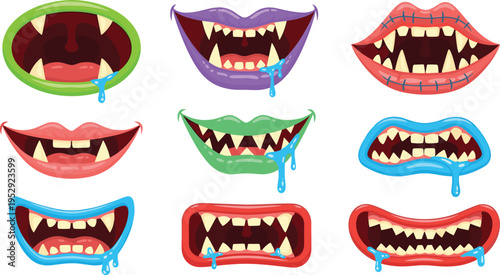Cartoon Monster Mouth Vector Set with Sharp Teeth, Drooling Lips, Funny Scary Expressions, and Colorful Creepy Character Mouth Illustrations Collection