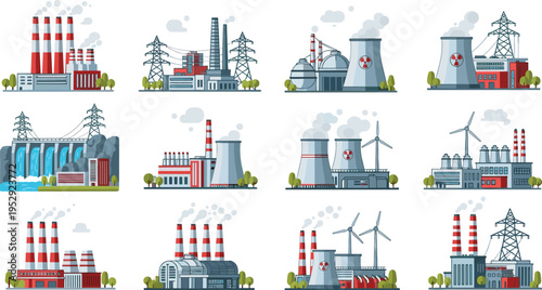 Energy power plants collection, nuclear, thermal, hydro and wind stations, electricity generation facilities, industrial energy infrastructure, environmental production systems, vector illustration 