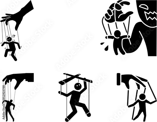 Six black and white stick figure illustrations depicting the concept of manipulation and control through puppets and strings.