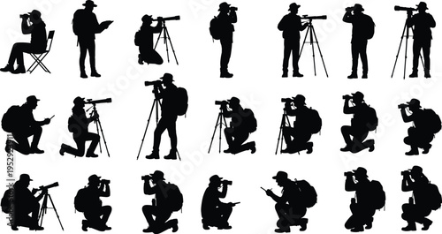 Photographer silhouette collection isolated on white background, camera and tripod poses set, wildlife photography, travel shooting, outdoor activity, vector illustration bundle
