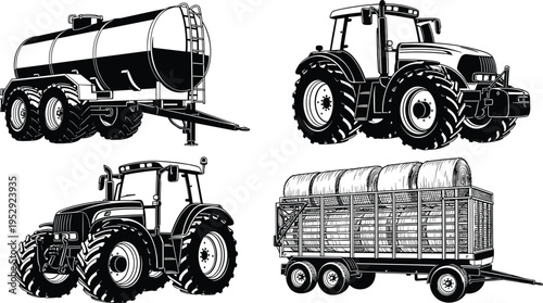 Farm tractor and agricultural transport set, tanker trailer, hay wagon, rural machinery, farming equipment, harvest logistics vehicles, black vector illustration collection