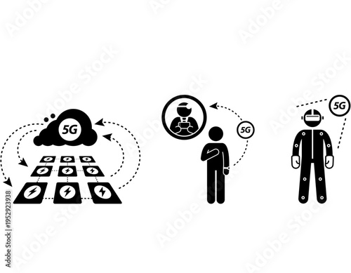 Illustrative diagrams depicting various applications and infrastructure of 5G technology, including smart grids, remote communication, and virtual reality experiences.
