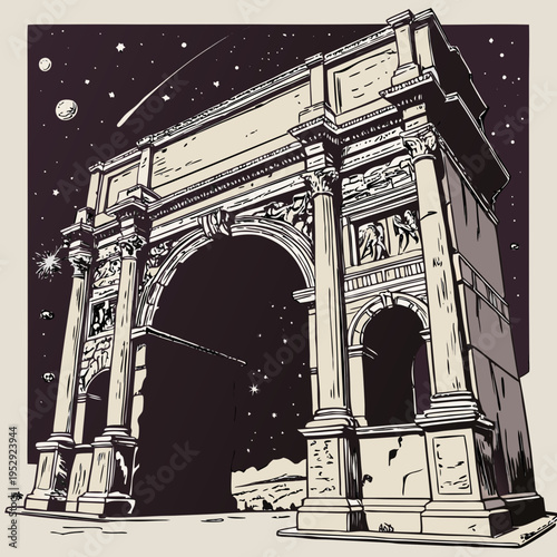 Triumphal arch at night with starry sky, planets, and a shooting star, detailed illustration of ancient monument, travel destination