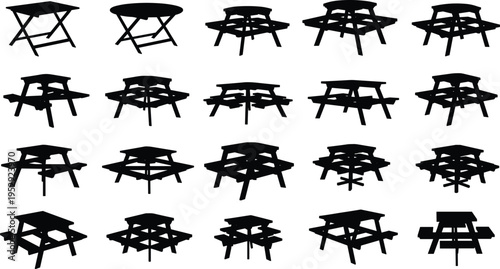 Picnic table silhouette collection isolated on white background, outdoor bench seating set, park furniture elements, wooden table design, leisure and camping vector illustration bundle