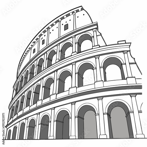 Line art illustration of the roman colosseum with historical site
