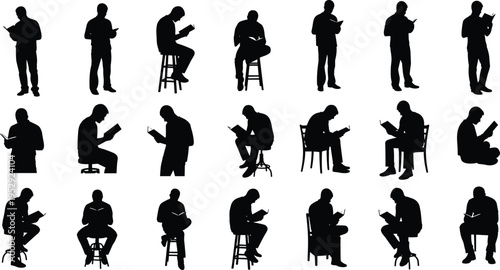 Reading people silhouette collection isolated on white background, men reading books set, study and education poses, knowledge concept, learning lifestyle vector illustration bundle