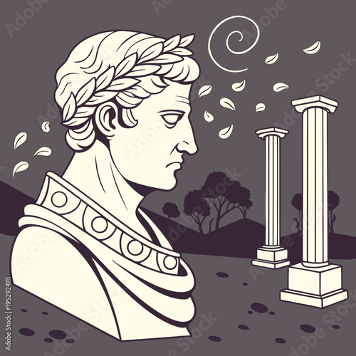 Bust of roman emperor with laurel wreath, ancient columns, and trees in a historical landscape, roman empire