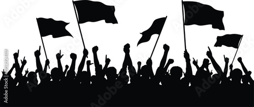 Protest crowd silhouette with flags isolated on white background, people raising fists, demonstration and rally scene, activism concept, social movement vector illustration bundle