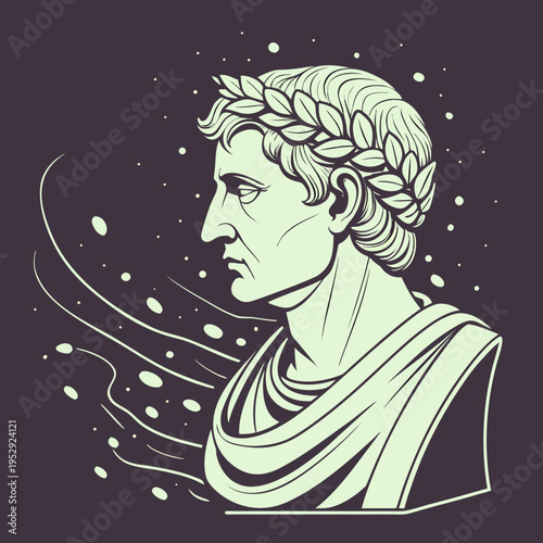 Ancient roman bust portrait of emperor augustus with laurel wreath and abstract swirling background, minimalist vector illustration, ancient rome