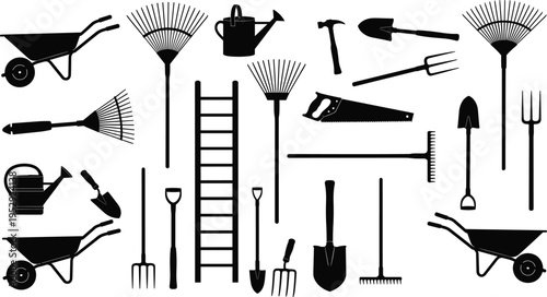 Garden tools silhouette set, farming and landscaping equipment collection, rake shovel wheelbarrow watering can ladder, outdoor work toolkit, agriculture and gardening illustration isolated on white