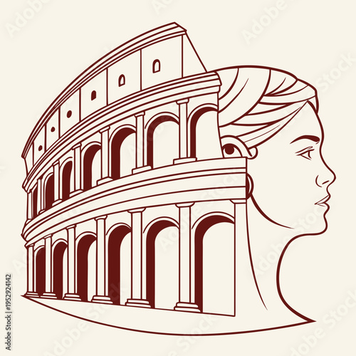 Conceptual illustration blending the roman colosseum structure with a female profile, symbolizing history and womanhood, historic merge