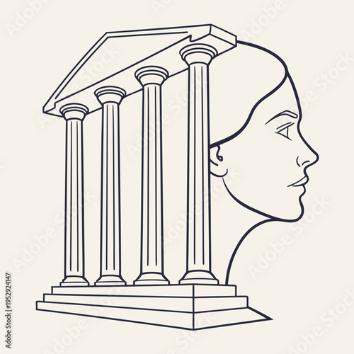 Conceptual illustration merging classical temple architecture with a female profile, symbolizing wisdom and heritage, line art