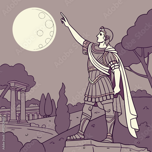 Roman leader in armor pointing at the moon during twilight, with ancient ruins and trees, inspired by historical art