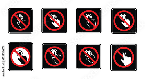 Four variations of do not touch signs displayed in a grid pattern