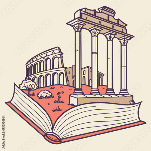 Ancient roman ruins and colosseum emerge from an open book in stylized illustration with historical site