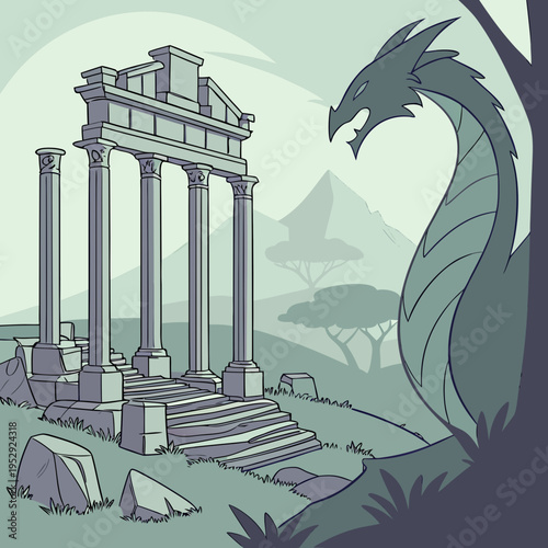 Mythical dragon guards ancient greek temple ruins in eerie misty landscape