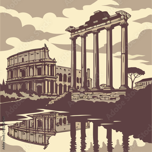 Artistic stylized landscape of roman colosseum and temple with dramatic cloud reflections with reflection pool