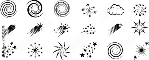 Sparkle, swirl and shooting star silhouette collection isolated on white background, abstract light effects set, decorative design elements, magic stars, vector illustration bundle