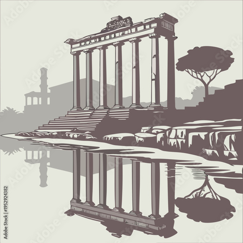 Serene reflection of ancient roman temple pillars and landscape on calm water surface with reflection pool