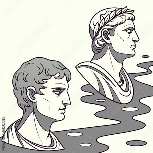 Roman emperor bust and figure in water with stylized waves and circles with line art