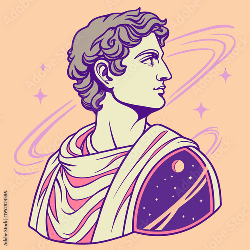 Stylized bust of ancient greek figure with cosmic swirls and stars with line art