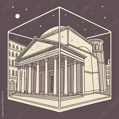 Drawn illustration of the pantheon in rome enclosed within a cubic wireframe structure under a starry night sky with a moon with line art