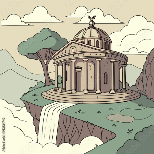 Circular classical building with dome and columns perched on a cliff edge with a waterfall, surrounded by nature and clouds