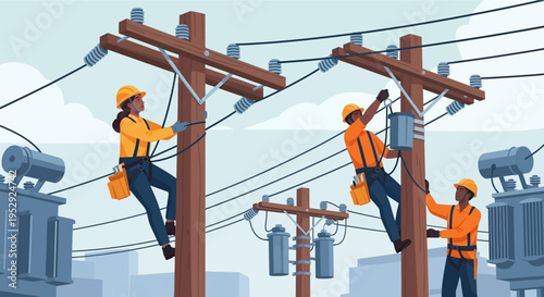 Utility workers installing and maintaining electrical power lines and transformers on poles.
