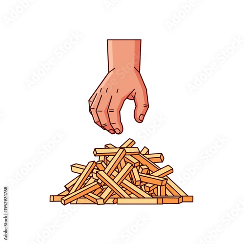 A cartoon illustration of a human hand reaching down to grab a pile of golden french fries on a white background.