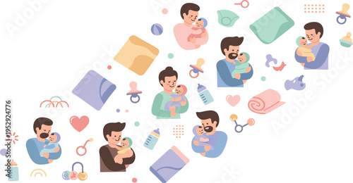 Father and Baby Care Moments Collection with Dads Holding Feeding and Playing with Newborn Infants in Flat Cartoon Vector Illustration Style.