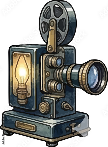 Vintage Steampunk Tabletop Movie Projector with Lamp and Reels Illustration Vector Art Isolated on White Background