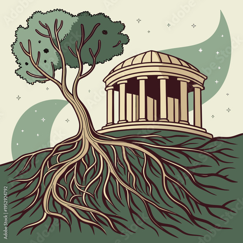 Ancient classical building with a dome and columns, its roots deeply embedded in the earth, symbolizing strong foundations, roots of knowledge