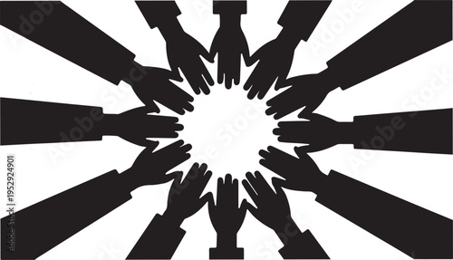 Teamwork and unity, diverse hands reaching together in a circle, symbolizing collaboration, community, and connection for success