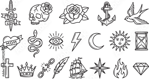 Hand-drawn of love family friendship faith and nature symbols black and white line love