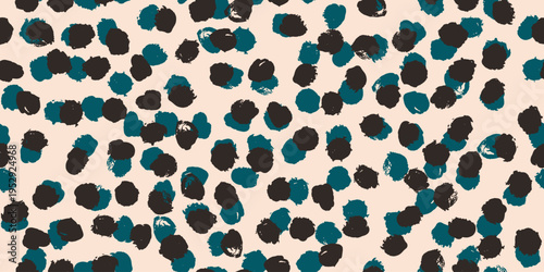 A seamless vector pattern of abstract organic blobs in deep charcoal and teal on warm cream background