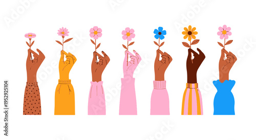 Diverse Hands Hold Up Colorful Flowers Celebrating Spring and Diversity