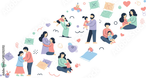 Happy Family Parenting Moments Collection with Parents and Children Hugging Playing and Caring in Flat Cartoon Vector Illustration Style.