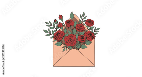 Peach Envelope with Red Roses and Green Leaves Illustration