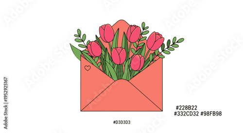 Pink Tulips Bouquet in Coral Envelope with Heart Design