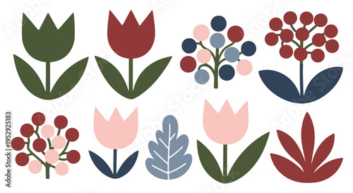 Set of Stylized Botanical Illustrations in a Retro Folk Art Style