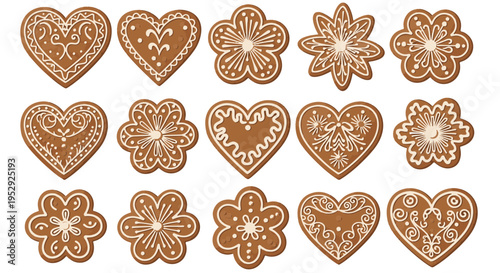 Set of Various Gingerbread Cookies Decorated with White Icing