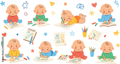 Cute Baby Drawing and Painting Activities Collection with Newborn Kids Creating Art with Crayons and Paper in Cartoon Vector Illustration Style.