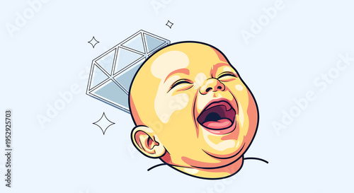 Minimalist Baby Logo Icon, Laughing Baby with Diamond, Illustration, Studio, Front View, Whimsical Concept