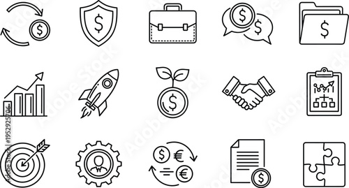 Business and finance line icons set with money, growth, strategy, investment and partnership symbols isolated on white background for corporate, startup and marketing concepts