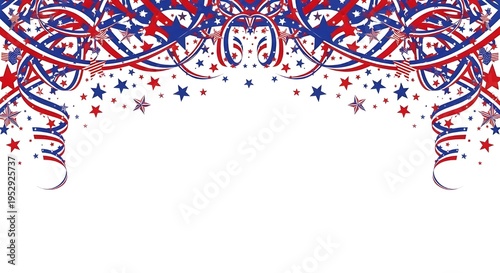 Vibrant patriotic red, white, and blue streamers and stars border design, perfect for Fourth of July celebrations, American holidays, and festive event backgrounds with copy space