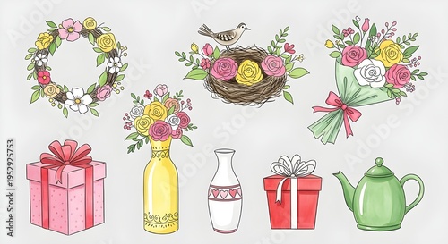 Watercolor style spring and summer floral elements set with wreaths, bouquets, gifts, vases, and a bird's nest, perfect for greeting cards and invitations.